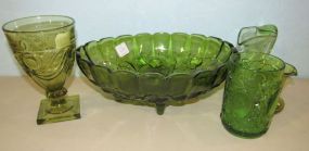 L E Smith Fruit Bowl, Pair of Green Glass Pitchers, and Two Vintage Green Glass Vases