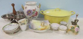 Group Lot of Demitasse Cups, Miscellaneous Saucers, Plant Mister, Nippon Bowl, Jar without Lid, Wood and Stainless Condiment Server and a Descoware Enamel Dish