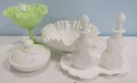 White Custard Four Piece Dresser Set, White Ruffled Edge Bowl and Green Fenton Ruffled Edge Bowl