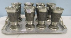 Aluminum Tray and Eight Pewter Goblets