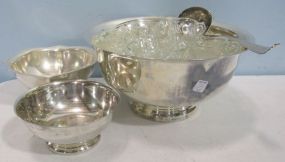 Silverplate Punch Bowl with Ladle and Glass Cups and Two Silverplate Bowls