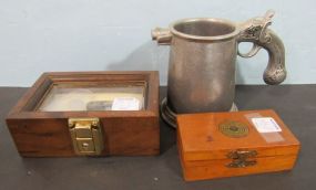 Old Wooden Winchester 22 Kit Box, Wilton Pewter Mug with Gun Hilt Handle, and a 1890's Millers Falls Co Spirit Level in Box with Key