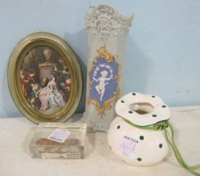 Bisque Pottery Vase with Cameo, a Vase, Italian Print and a Penny and Plastic Hourglass Timer