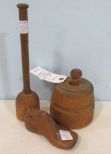 Large Wooden Butter Press, Child's Wooden Shoe Form, and a Wooden Masher