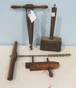 Wooden Mallet, Two Hand Held Drills and a Wooden Vise