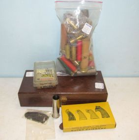 Group of Gun Items Including Stocks and Miscellaneous Parts, Holster, Al Freeland Rock Island Belt, Shells and Wooden Case