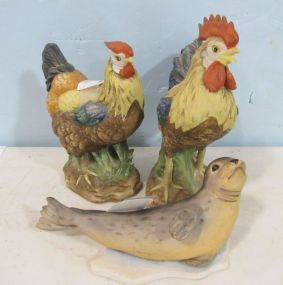 Lefton China Rooster and Hen, and a Kaiser Golden Crown Seal