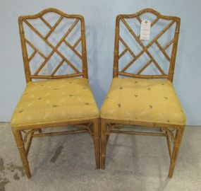 Pair of Councill Craftsman Upholstered Seat Faux Bamboo Chippendale Style Arm Chairs