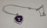 Sterling Silver Multi Faceted Purple Stone Pendant in Heart Shape with Clear Surrounding Stones