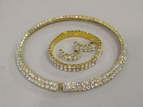 Rhinestone Choker, Bracelet and Earrings Set in Yellow Tone Metal