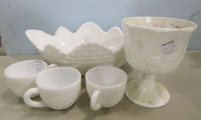 Milk Glass Console Bowl, Vase and Three Punch Cups