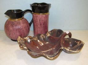 A Ceramic Pitcher, and Matching Vase and a Hull Drip Leaf Dish