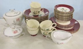 Homer Laughlin Burgundy China Set and a Noritake Rosemarie Teapot, Creamer and Sugar Bowl