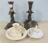 Pair of Dolphin Metal Candlesticks, a Pottestuen Frederikshavn Pottery Chamberstick and a Handpainted Chamberstick