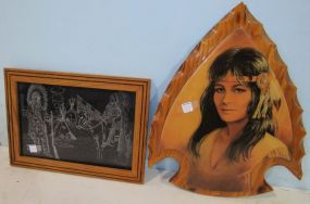 Print Mounted on Arrow Head Shaped Board and a Etched Black Paper Native American Scene
