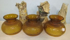 Three Amber Hobnail Style Glass Shades and Three Clear Hurricane Shades