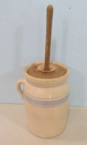 Blue Banded Pottery Butter Churn with Lid and Paddle, Marked