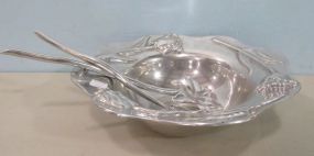 Mariposa Brilliant Pewter Floral Salad Bowl with Utensils