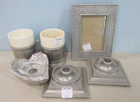 Pewter Picture Frame, Arthur Court Heart Shaped Candlestick, Two Wilton Candlesticks, and a Pair of Wilton Sleeves with Ironstone Liners