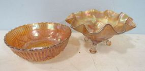 Marigold Carnival Glass Cherry Ruffled Edge Footed Bowl and a Marigold Pressed Glass Bowl