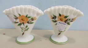 Pair of Handpainted Milk Glass Ruffled Edge Fan Vases