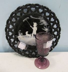 Mary Gregory Style Black Glass Plate and a Pressed Glass Amethyst Stem