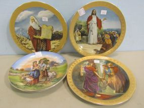Three Ten Commandment Plates and Two Transfer China Plates with Handpainted Accents
