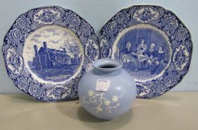 Copeland Spode Geisha Blue and White Cherry Blossom Vase and Two Crown Ducal George Washington Commemorative Plates