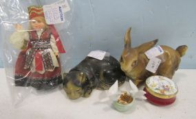 International Doll, a Rabbit, Dove Ornament, Chalkware  Cat, and a Crummles Fortnum and Mason Trinket Box
