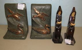Pair of Metal Bookends with Ducks, and a Pair of Wooden Monks