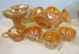 Ruffled Edge Carnival Glass Marigold Bowl, Four Punch Cups and Two Punch Bowl Bases