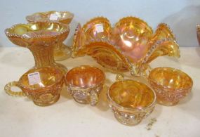 Ruffled Edge Carnival Glass Marigold Bowl, Four Punch Cups and Two Punch Bowl Bases
