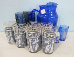 Two Jamestown Blue Iced Tea Glasses, Blue Hazel Atlas Sail Boat Pitcher with Two Matching Glasses and Six Decorative  Glasses