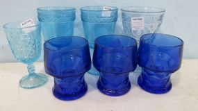 Three Anchor Hocking Glasses, Three Aqua Colored Glasses and a Pale Blue Glass