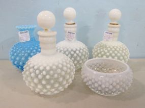 Three Hobnail Opalescent Fenton Perfume Bottles with Stoppers, a Blue Opalescent Bowl and a Blue Opalescent Vase