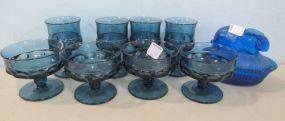 Vintage Tiara King's Crown Blue Glassware and a Rabbit Nesting Jar