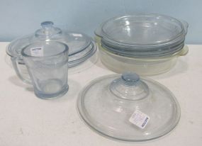 Group of Blue Depression Fire King Pie Plates and a Clear Pie Plate and Fire King Lids Only