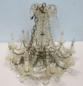 Ten Light Brass and Glass Chandelier with Prisms