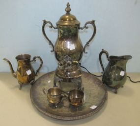 Large Silverplate Tray, an Electric Coffee Urn, a Coffee Pot without Lid, Creamer, Sugar Bowl, and a Water Pitcher