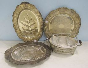 Footed Oval Silverplate Platter, A Round Platter, Oval Platter and a Casserole in Sleeve