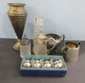 Silverplate Vase, Two Sugar Bowls Missing Lids and One with Damage, Boxed Silverplate Shakers, Glass with Silverplate Shaker, Small Pitcher and a Glass Vase
