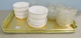 Gilt Mid Century Style Tray with Five Glass Dishes with Gold Trim and Six Glass Apple Dishes and Seven Pieces of Lenox Hatteras China
