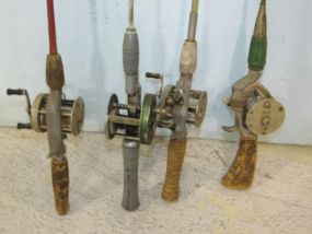 Four Vintage Cast Open Reels and Rods