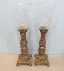 Two Gilt Candle Bases with Glass Globes