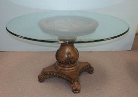 Wooden Single Pedestal Base Glass Top Table