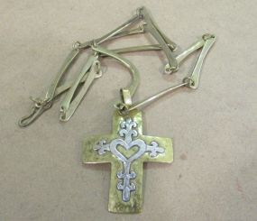 Brass Cross and Sterling Inlay Necklace