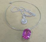 Crystal Necklace and Pink Stone Drop on Silver tone collar