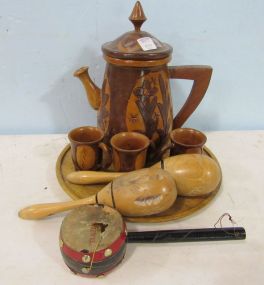 Wood Carved Pitcher, Cups, and Maracas