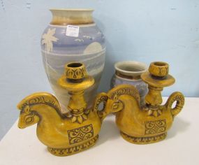 Two Pottery Vases and Pair of Horse Candle Holders