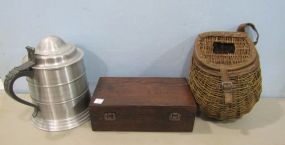 Pewter Tone Mug Bucket, Woven Basket, and Mouton Cadet Wine Box